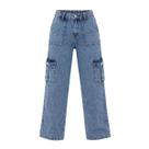 calça jeans cargo marmorizada feminina juvenil com bolsos laterais modelo blogueirinha do 10 ao 16
