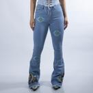 Calça Jeans Delavê Flare Feminina Cowgirl Aztec Bordada Estampada Alta Western Elastano Texas Ranch