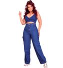 Calça Jeans Feminina azul cintura alta botao