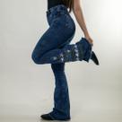 Calça Jeans Feminina Azul Marmorizada Bordada Unique Brown Flare Cintura Alta Country Texas Ranch