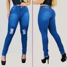 Calça Jeans Feminina C/ Lycra Levanta Bumbum Botão Dourado Tendência Detalhe Rasgo