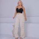 Calça Jeans Feminina Cargo Off White com Bolsos Fole