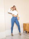 Calça jeans feminina classica cintura alta com pinça frontal marmorizada