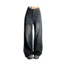 Calça Jeans Feminina Coreana Vintage De Cintura Alta Y2K, Modelagem Solta Reta Com Barra Larga, Em
