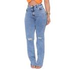 Calça Jeans Feminina Corte Reto Wide Leg Pantalona Rasgada no Joelho Destroyed