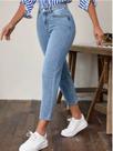 Calça Jeans Feminina De Cintura Alta Com Bolsos, Micro Elástica, Perna Reta, Cor Sólida, Versátil