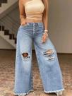Calça Jeans Feminina De Cintura Alta Com Lavagem Clara, Estilo Retrô, Perna Larga Solta E Detalhes