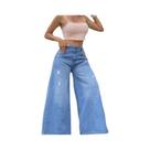 Calça Jeans Feminina De Cintura Alta Com Pernas Largas E Rasgos, Azul Lavado, Micro Flare, Solta,