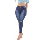 Calça Jeans Feminina Dois Tons Detalhes nos Joelhos Blue Intense Tecido Premium