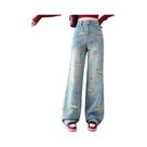 Calça Jeans Feminina Estilo Coreano Com Bordado De Cachorro, Corte Reto Solto, Confortável E Casual Calça Jeans Feminina Estilo Coreano Com Bordado De Cachorro, Corte Reto Solto, Confortável E Casual