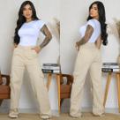 Calça Jeans Feminina Wide Leg Cargo Bege Casual