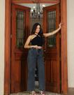 Calça Jeans Feminina Wide Leg Com Strass Brilhinhos Grafite