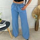 Calça jeans feminino pantalona elástico na cintura boca larga flare estilosa boyfriend