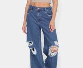 Calça Jeans Lança Perfume Wide Leg Destroyed Azul cintura alta