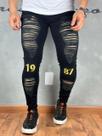 Calça Jeans Masculina Preta Rasgada Bordado 1987