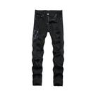Calça Jeans Masculina Preta Slim Reta Rasgada Com Bordado De Cobra Em Denim Elástico Estilo