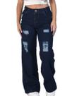 Calça jeans pantalona wide leg juvenil feminina com destroyed modinha 10 a 16 anos ESCURA