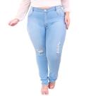 Calça jeans plus size clara cintura alta com detalhes rasgados