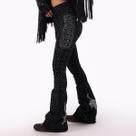 Calça Jeans Preta Boiadeira Luxo Prata Inteira Brilhos Strass Feminino Cintura Alta Flare Elastano Lycra Texas Ranch Jeans