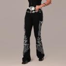 Calça Jeans Preta Feminina Flare Estampada Longhorn Brilhos Strass Cintura Alta Elastano Texas Ranch