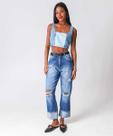 Calça Jeans Reta Feminina Destroyed Barra Dobrada-01029