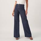 Calça Jeans Wide Leg Cintura Alta Sem Costura Lateral Azul Escuro