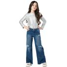 Calça Jeans Wide Leg Destroyed Lavagem Escura - Mania Kids
