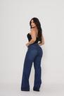 Calça Jeans Wide Leg Feminina Cintura Alta Lavagem Escura Barra Desfiada Sem Elastano