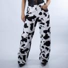 Calça Jeans Wide Leg Feminina Estampada Black Cow Vaquinha Moda Country Cintura Alta Texas Ranch