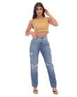 Calça Jeans Wide Loose Feminina Cintura Alta Rasgos Abertura Barra 22843 Média