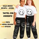 Calça Juvenil Infantil Unissex Estilosa Emoji Smile Fogo com Correntinha Preta com Bolso