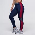 Calça Legging Fitness Dily Poliamida Azul Marinho com Recortes Cinza e Vermelho Sem Transparência Para Academia