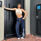 Calça Modelo Largo Blogueira Com Estampa Challenge Azul