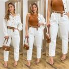 Calça Mom Feminina Jeans Cintura Alta Elegante cor branco