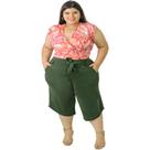 Calça Pantacourt Plus Size Feminina com Cinto Cós Médio Cintura Média Ponto Roma Catwalk Verde Militar