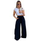 Calça pantalona feminia lanzinha com bolso e elástico na cintura, wid legg, flare -moletinho