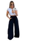 Calça pantalona feminia lanzinha com bolso e elástico na cintura, wid legg, flare -moletinho