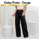 Calça Pantalona Wide Leg Cargo Preta Feminina com lycra -