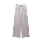 Calça reta metálica feminina, cintura alta elástica com cordão, calças femininas, moda chique