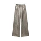 Calça reta metálica feminina, cintura alta elástica com cordão, calças femininas, moda chique Calça reta metálica feminina, cintura alta elástica com cordão, calças femininas, moda chique