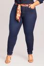 Calça Skinny Plus Feminina Jeans Escuro Com Cinto Lenço Estampado