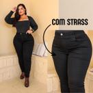 Calça Skinny Plus Size preta com STRASS jeans cintura alta com lycra e bolso na frente lançamento - 48