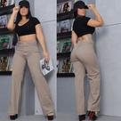 Calça Wide Leg Bege/Caqui Feminina Jeans Premium cintura alta Pantalona folgada - 48