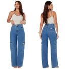 CAlça Wide Leg Jeans Feminina Tendencia Cargo Cintura Alta Bolsos Laterais CAlça Wide Leg Jeans Feminina Tendencia Cargo Cintura Alta Bolsos Laterais