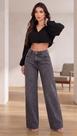 Calça Wide Leg Jeans Grafite Estonada Cintura Alta