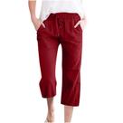 Calças Capri femininas casuais de verão, linho, elástico, cintura vermelha