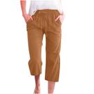 Calças Capri femininas com cordão, elástico, cintura alta, linho D03