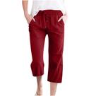Calças Capris femininas de algodão e linho, soltas de verão, C07, vermelhas XXXL