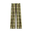 Calças Femininas De Perna Larga Xadrez, Cintura Média, Caimento Solto, Estilo Casual Vintage,