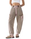 Calças femininas EZAPINE, listradas, com cordão, casuais, cáqui